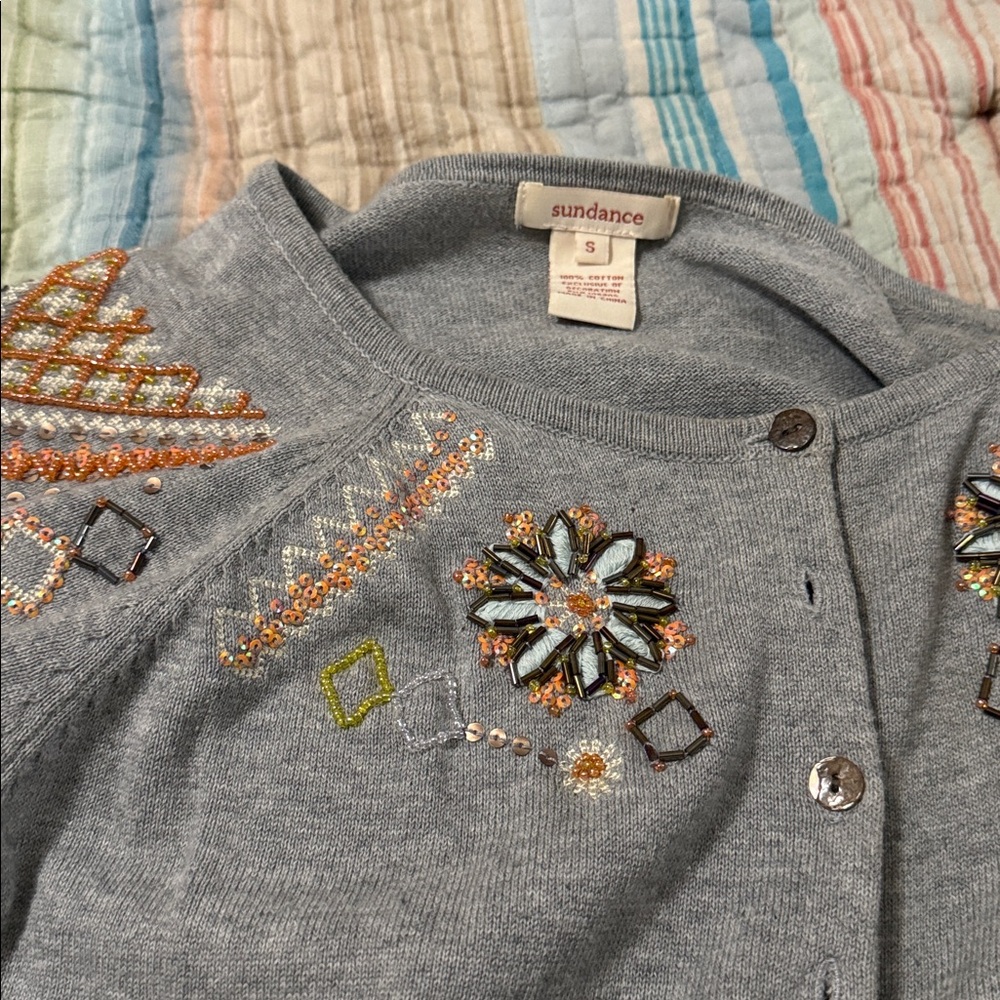 Sundance Embellished Light Gray Cardigan with Multicolor Beading - Picture 5 of 7